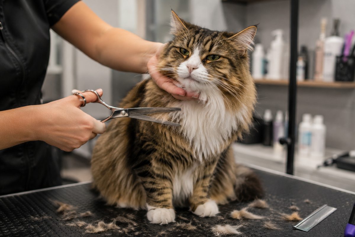 Professional groomer brushing a white cat