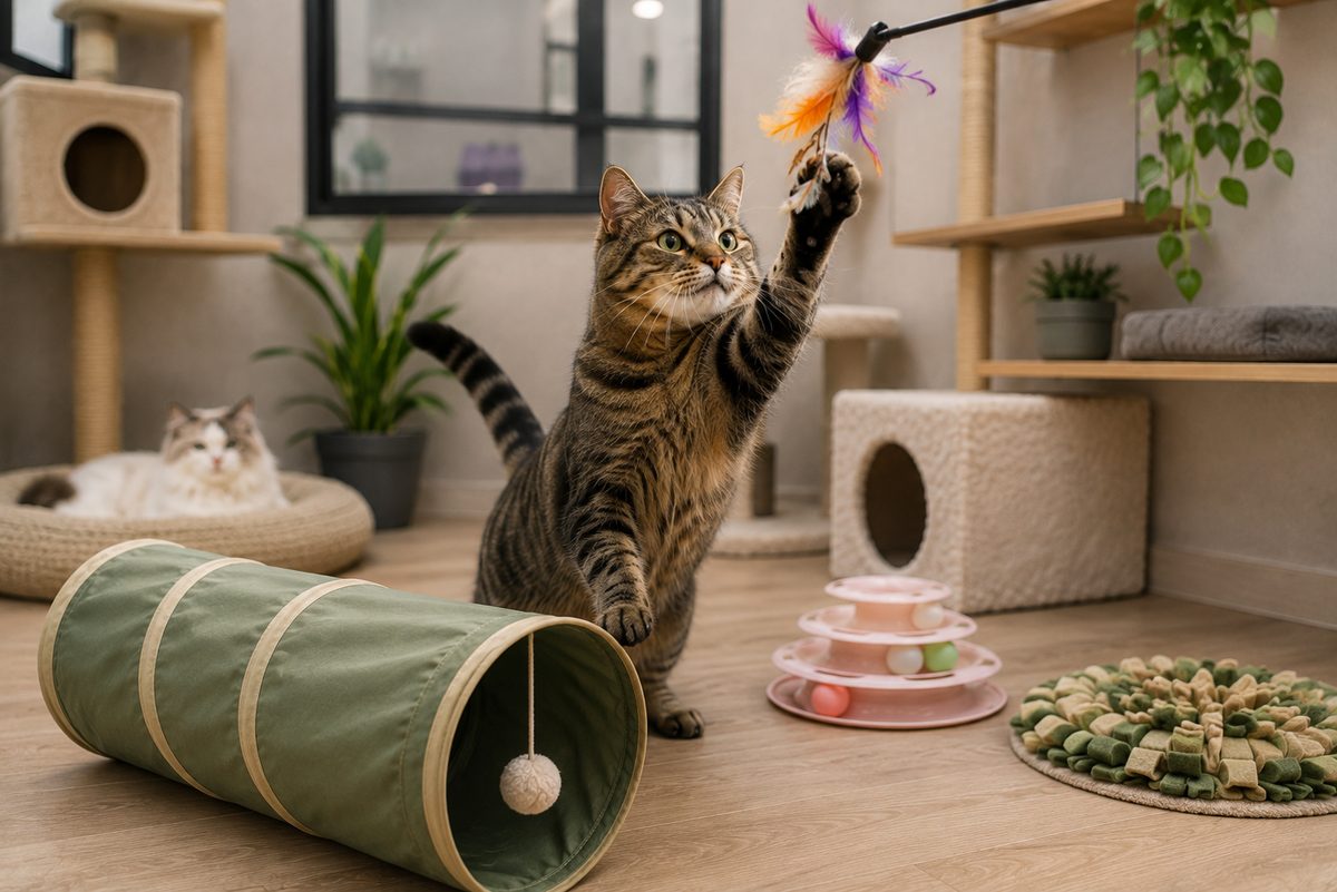 Cat leaping after a feather toy